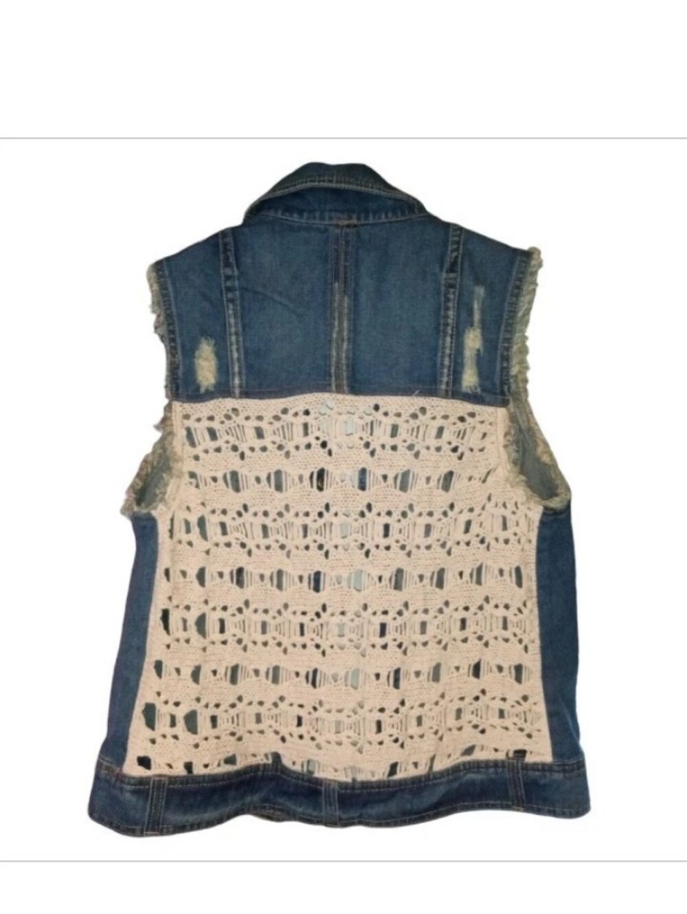 Free People Denim Vest M Distressed Crochet Back